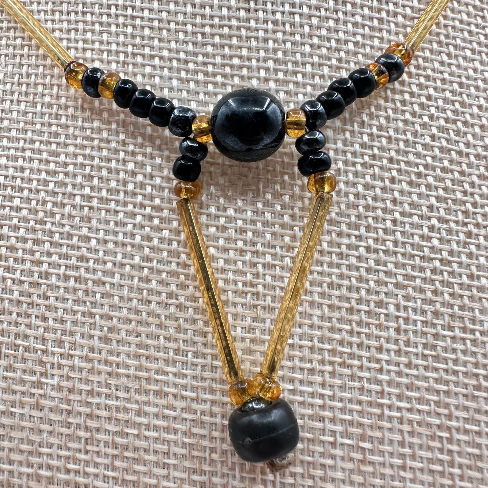 Vintage 80s Black Onyx Seed Bead Necklace Amber Bugle Glass Choker Drop Jewelry - Thumbnail 2