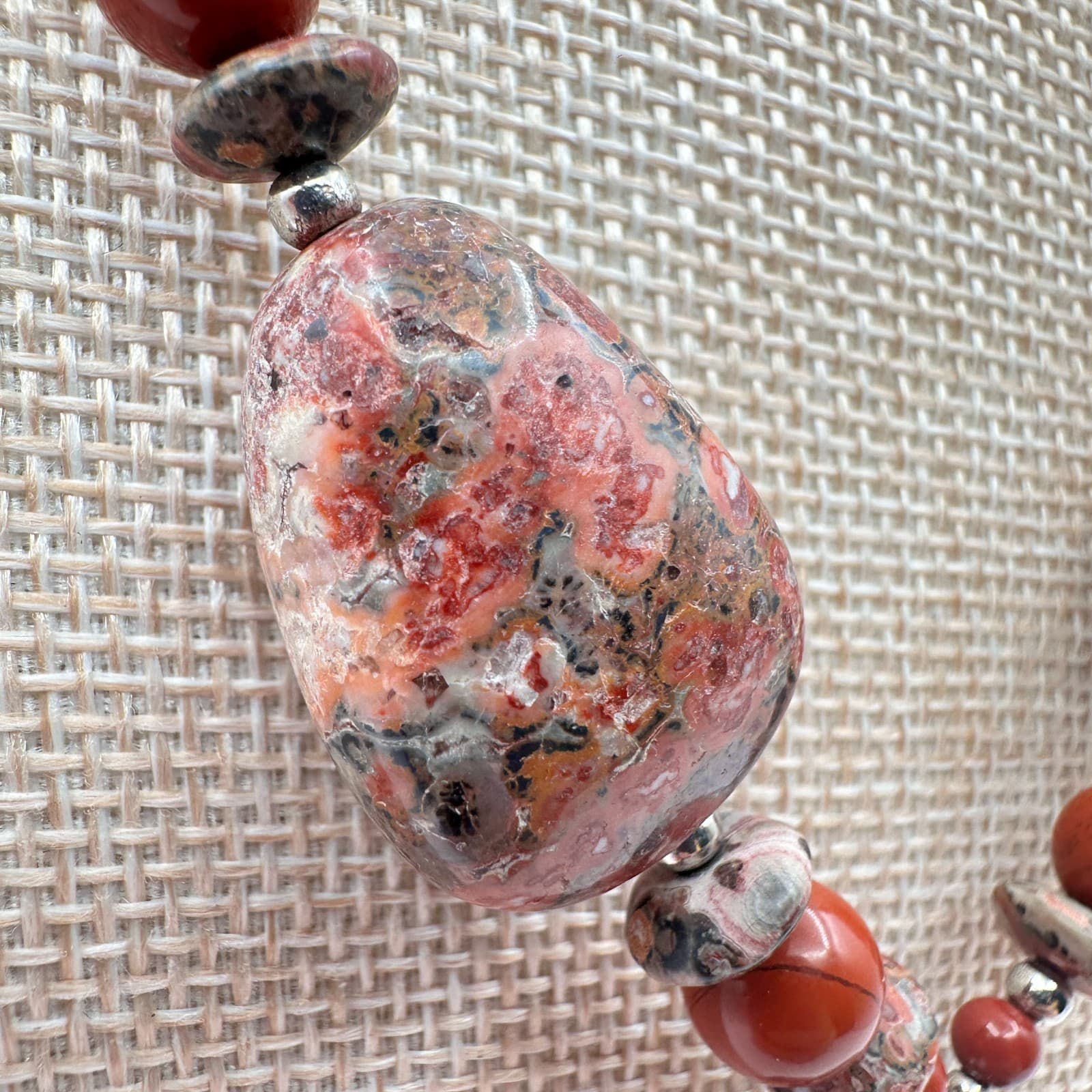 Vintage Y2K Red Poppy Jasper Beaded Pendant Necklace Silver Tone Boho Jewelry - Thumbnail 3