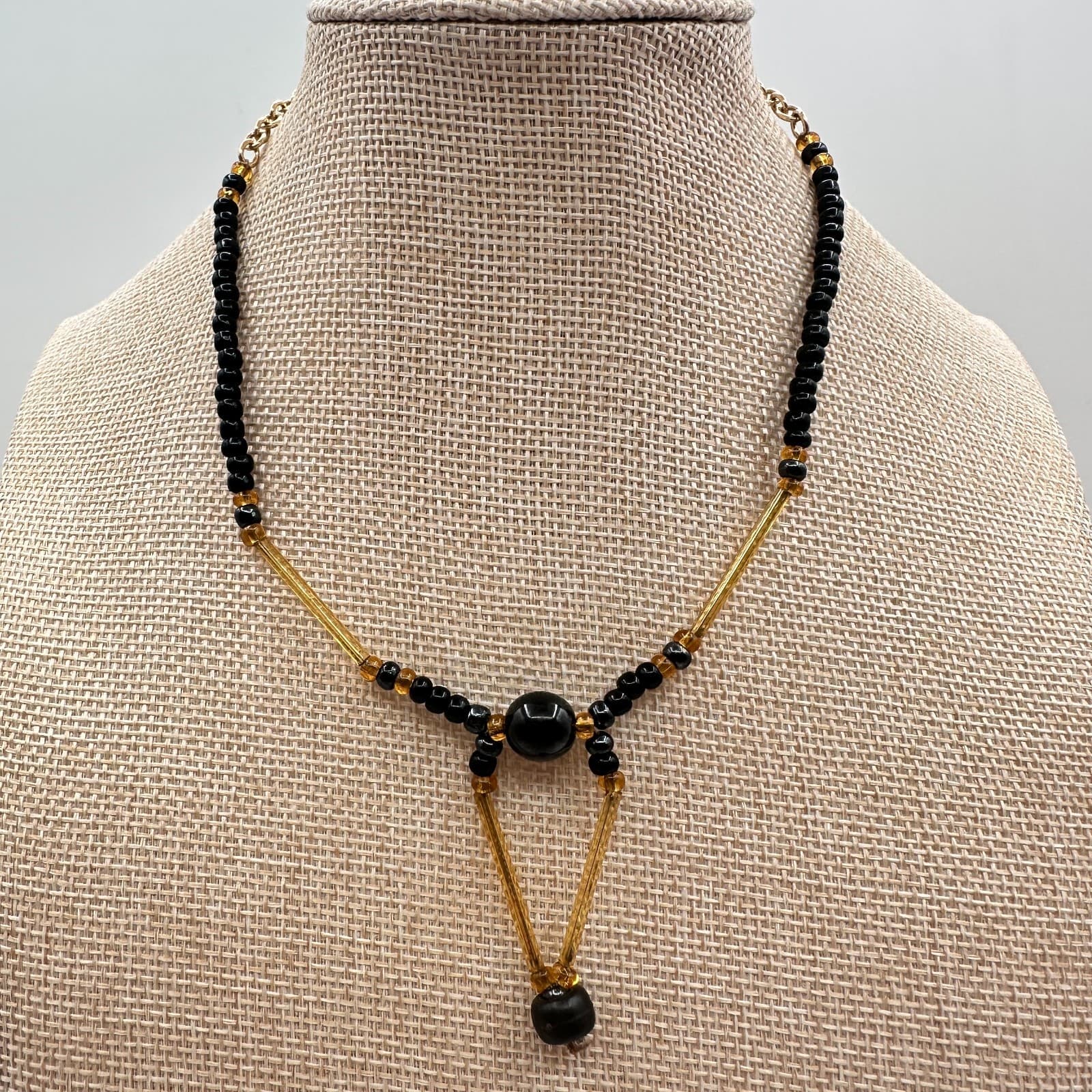 Vintage 80s Black Onyx Seed Bead Necklace Amber Bugle Glass Choker Drop Jewelry - Thumbnail 7