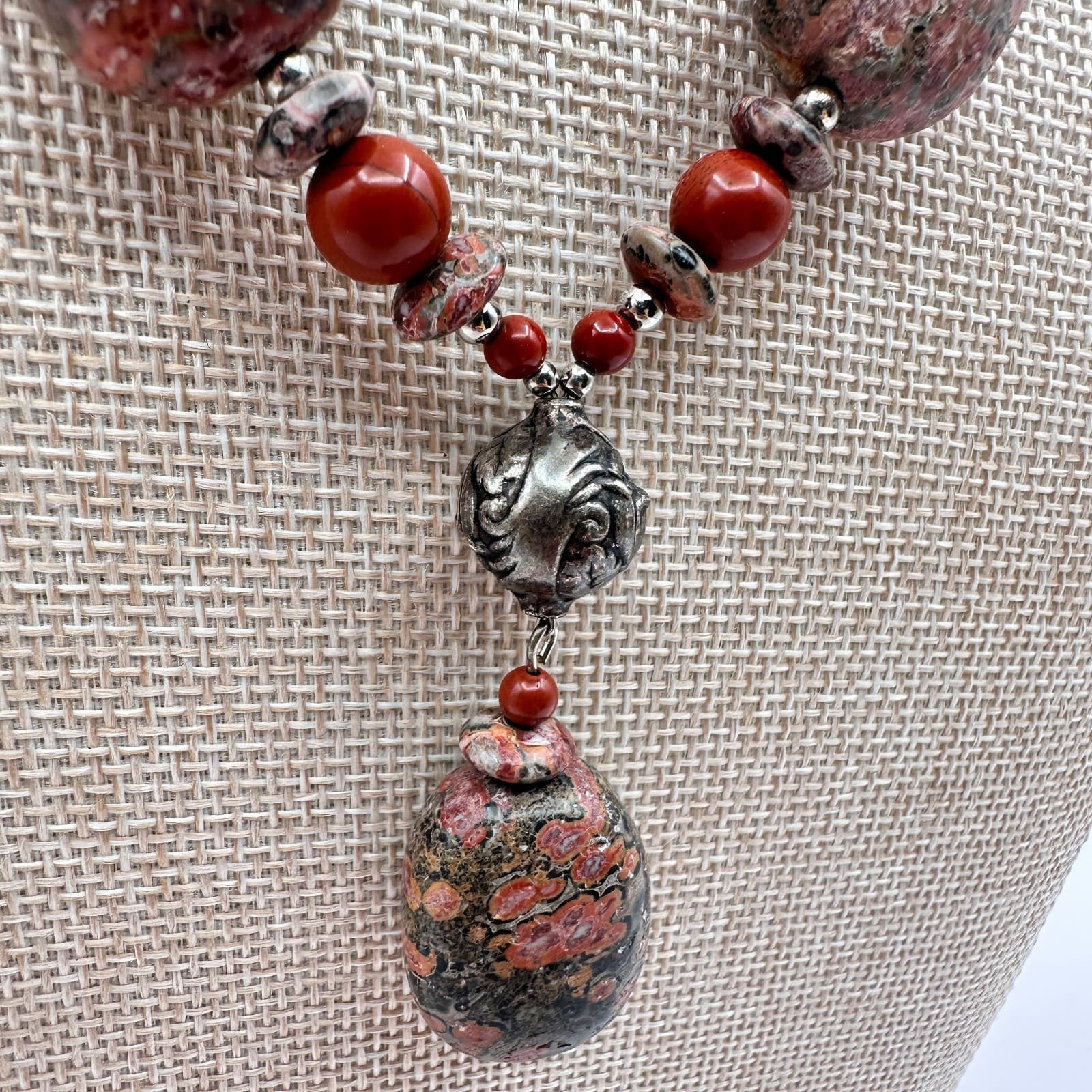 Vintage Y2K Red Poppy Jasper Beaded Pendant Necklace Silver Tone Boho Jewelry - Thumbnail 5