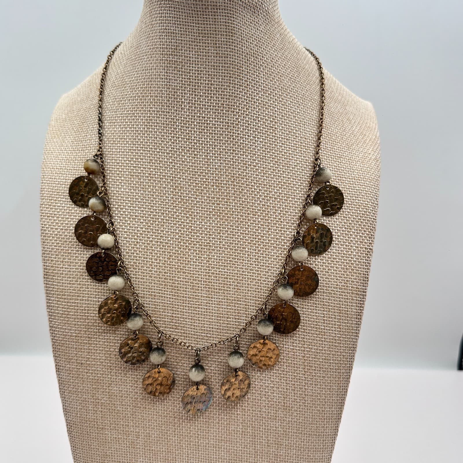 Vintage 90s Beaded Hammered Bronze Tone Coin Necklace Statement Women's Jewelry - Thumbnail 7