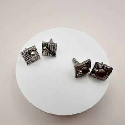 Vintage 90s Swank Brutalist Silver Tone Brown Stone Screw Cufflinks Lot Jewelry - Thumbnail 4
