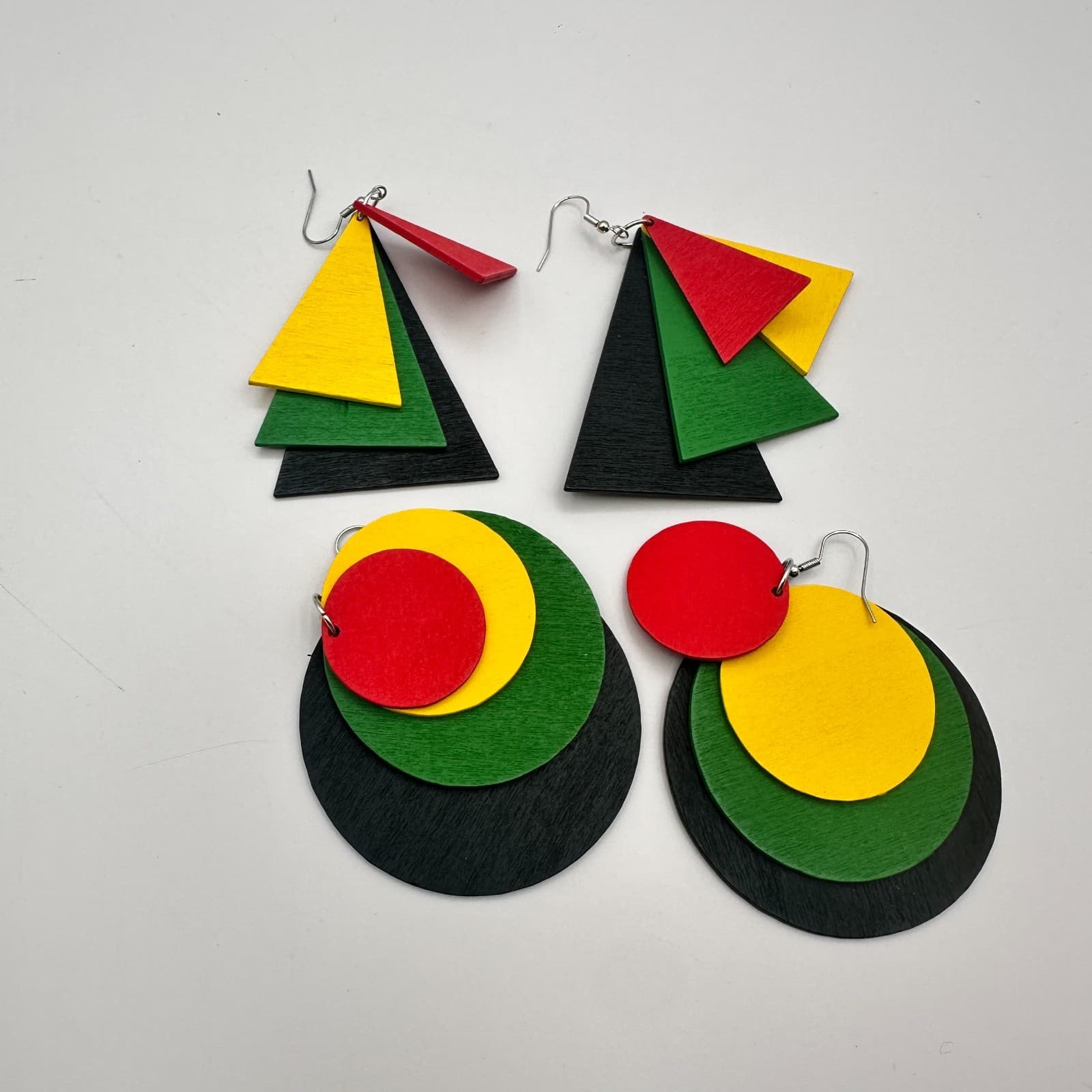 Vintage 90s Pan-African Wood Dangle Earrings Set Geometric Boho Fashion Jewelry - Thumbnail 5