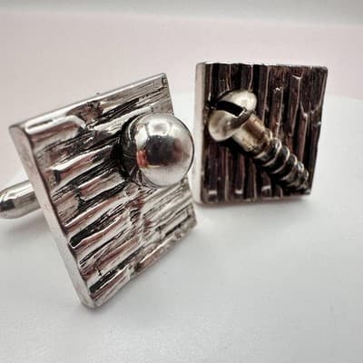 Vintage 90s Swank Brutalist Silver Tone Brown Stone Screw Cufflinks Lot Jewelry - Thumbnail 7