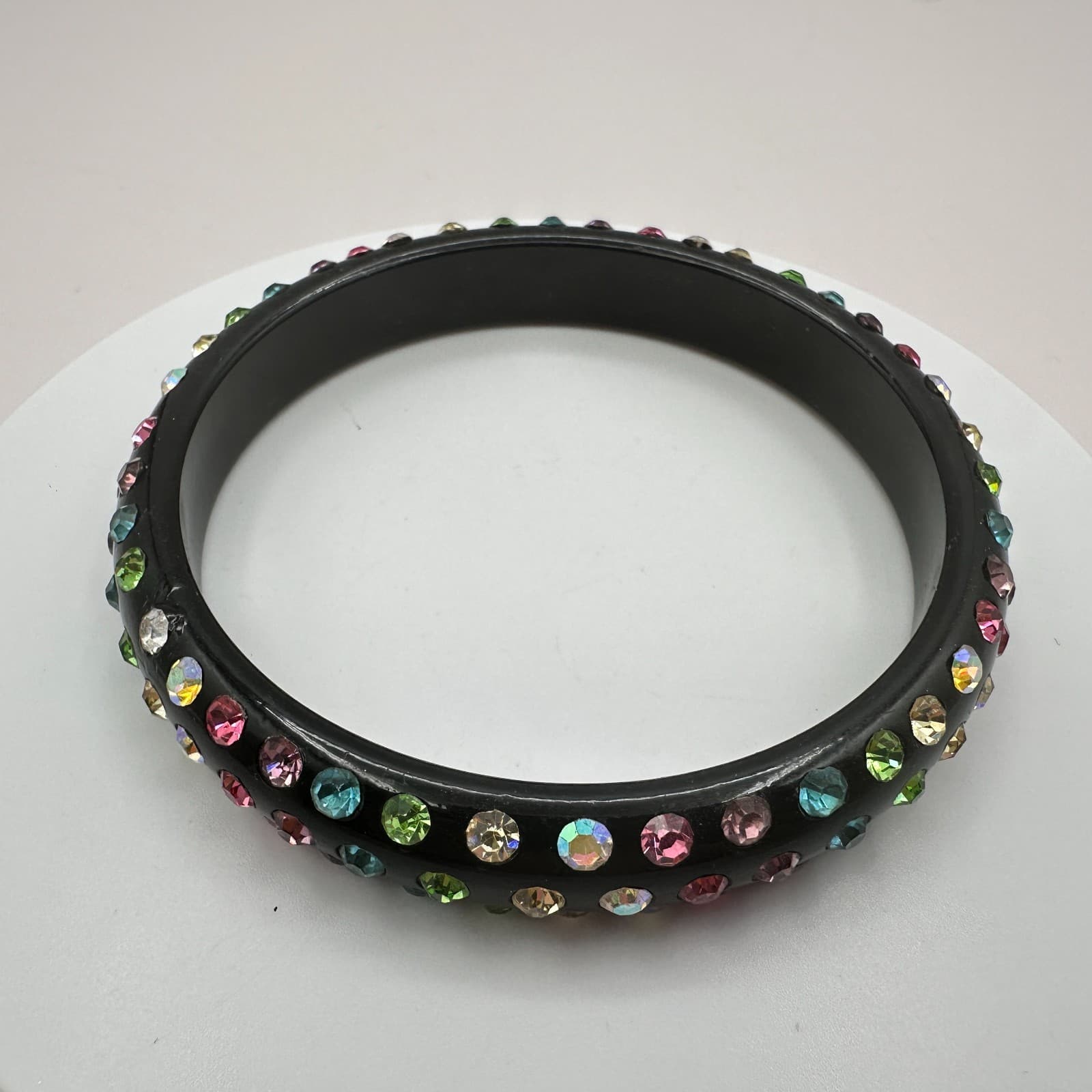 Vintage 80s Black Bangle Bracelet Multicolor Glass Inset Classic Fashion Jewelry - Thumbnail 3