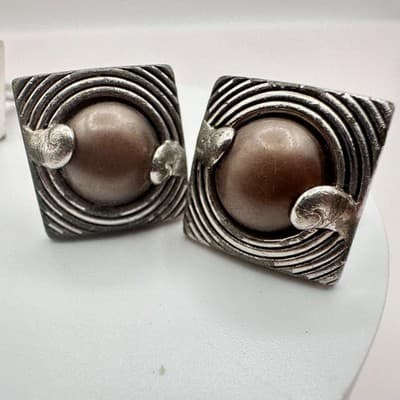 Vintage 90s Swank Brutalist Silver Tone Brown Stone Screw Cufflinks Lot Jewelry - Thumbnail 8