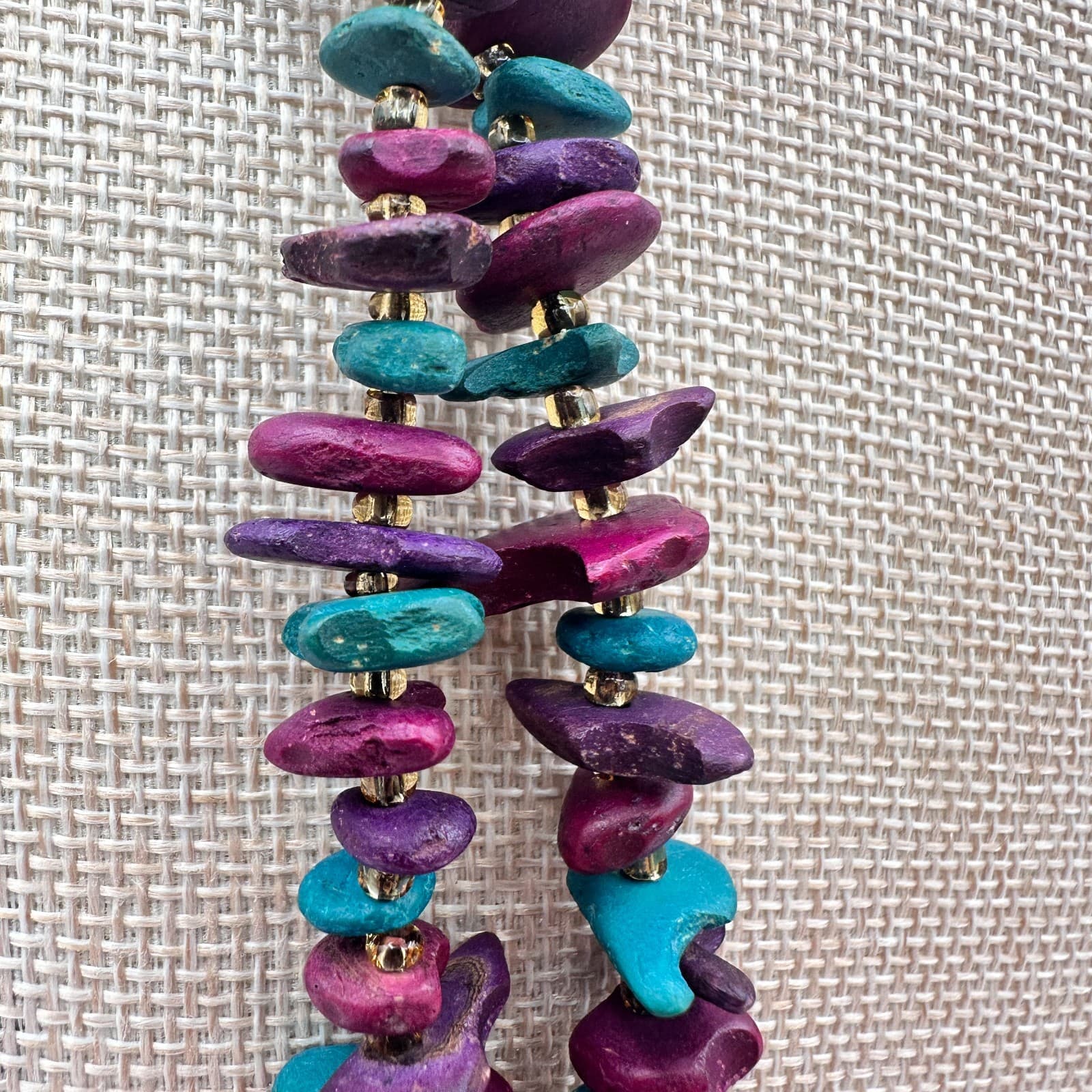 Vintage 90s Chip Bead Gold Tone Spacer Necklace & Hoop Earrings Set Jewelry - Thumbnail 4