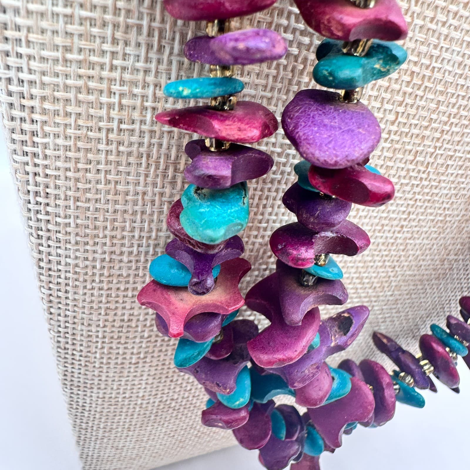 Vintage 90s Chip Bead Gold Tone Spacer Necklace & Hoop Earrings Set Jewelry - Thumbnail 5