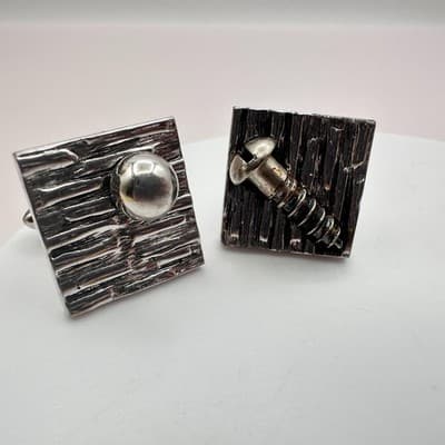 Vintage 90s Swank Brutalist Silver Tone Brown Stone Screw Cufflinks Lot Jewelry - Thumbnail 3