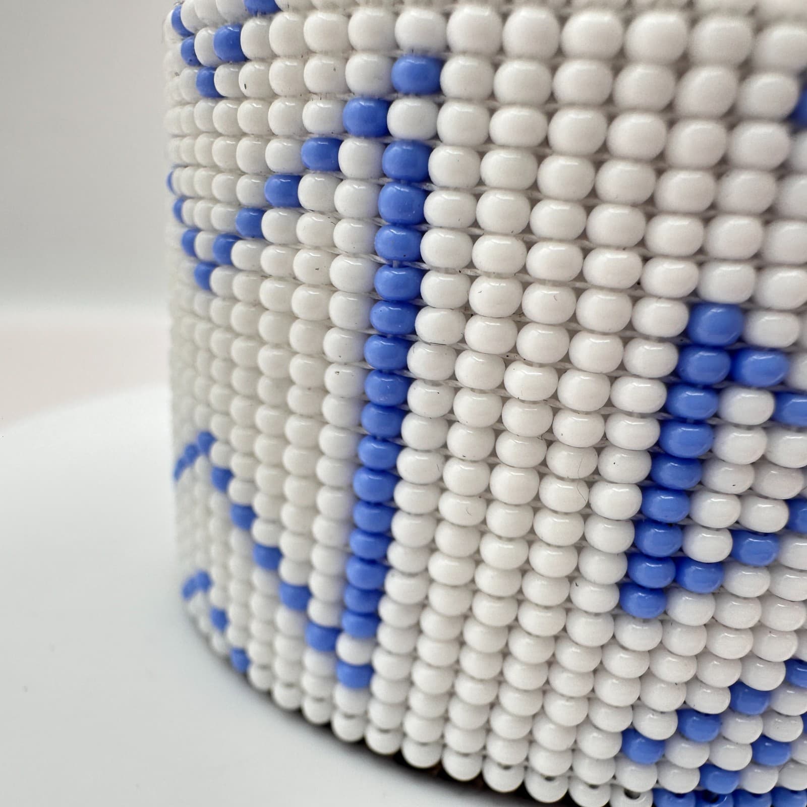 Vintage 90s White Blue Glass Seed Bead Native Style Leather Wide Cuff Bracelet - Thumbnail 6