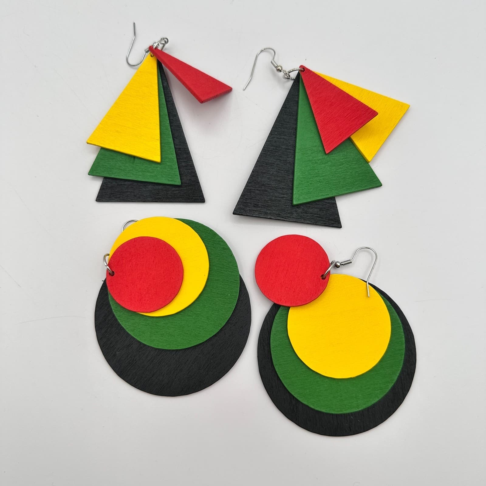 Vintage 90s Pan-African Wood Dangle Earrings Set Geometric Boho Fashion Jewelry - Thumbnail 2