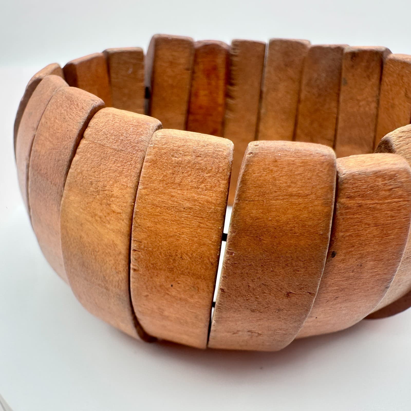 Vintage 80s Wooden Panel Link Bracelet Segmented Chunky Ethnic Cuf Retro Jewelry - Thumbnail 3