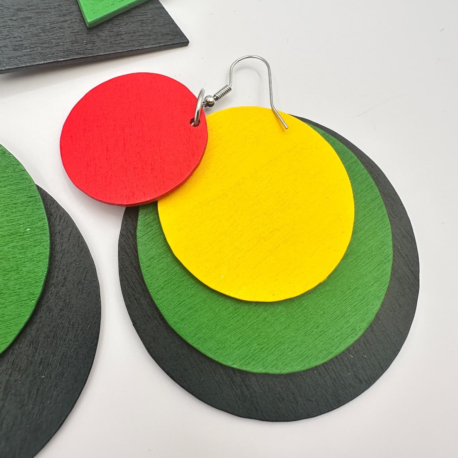 Vintage 90s Pan-African Wood Dangle Earrings Set Geometric Boho Fashion Jewelry - Thumbnail 3