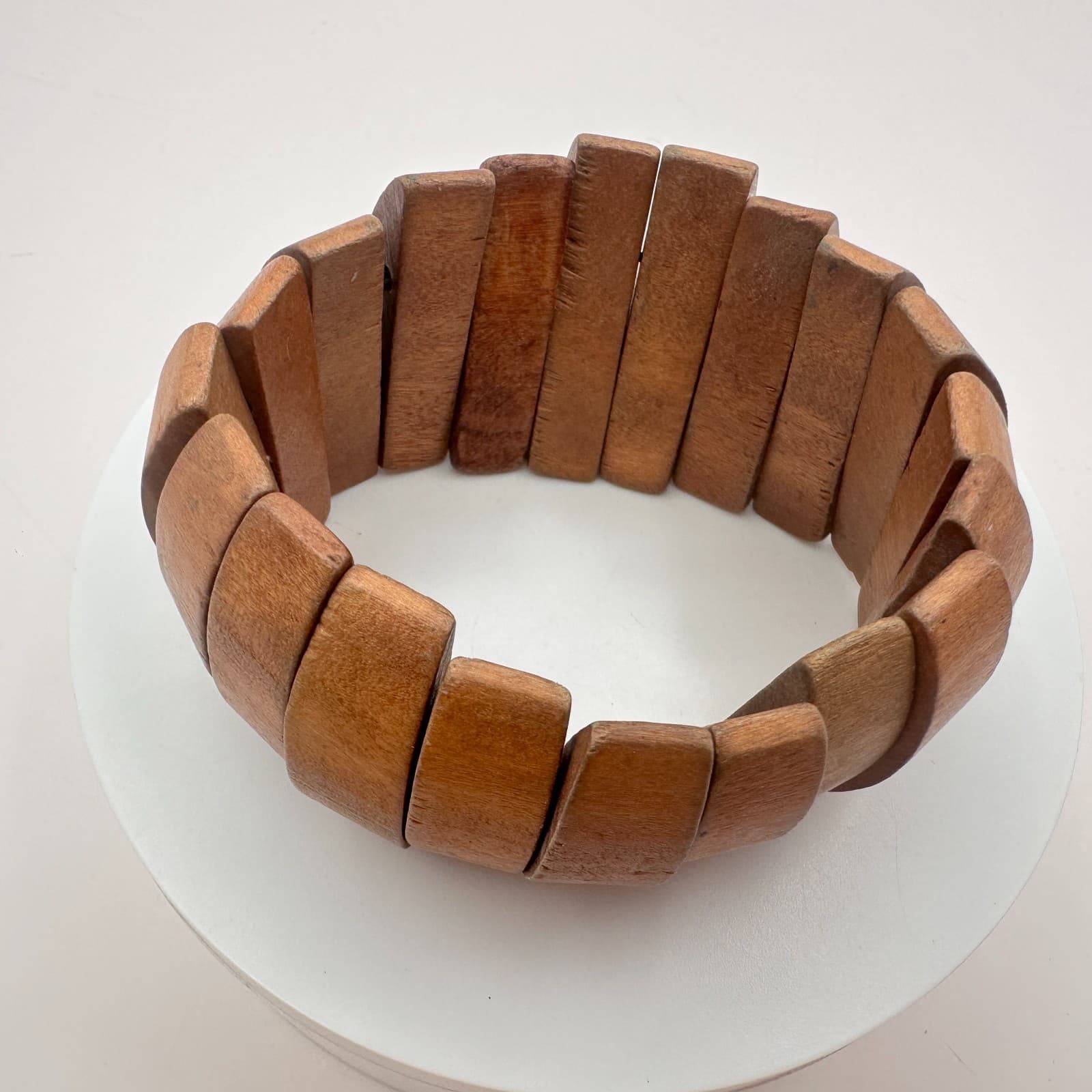 Vintage 80s Wooden Panel Link Bracelet Segmented Chunky Ethnic Cuf Retro Jewelry - Thumbnail 5