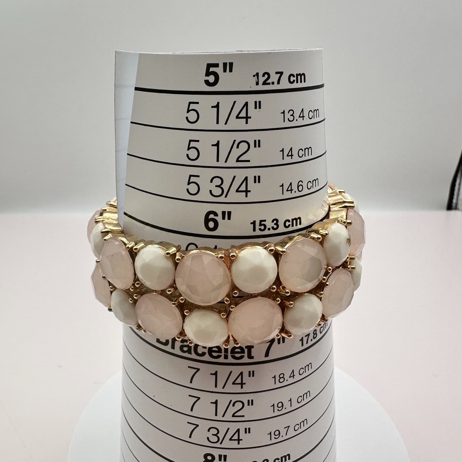 Vintage 90s Pink & White Glass Stone Gold Tone Stretch Bracelet Fashion Jewelry - Thumbnail 6
