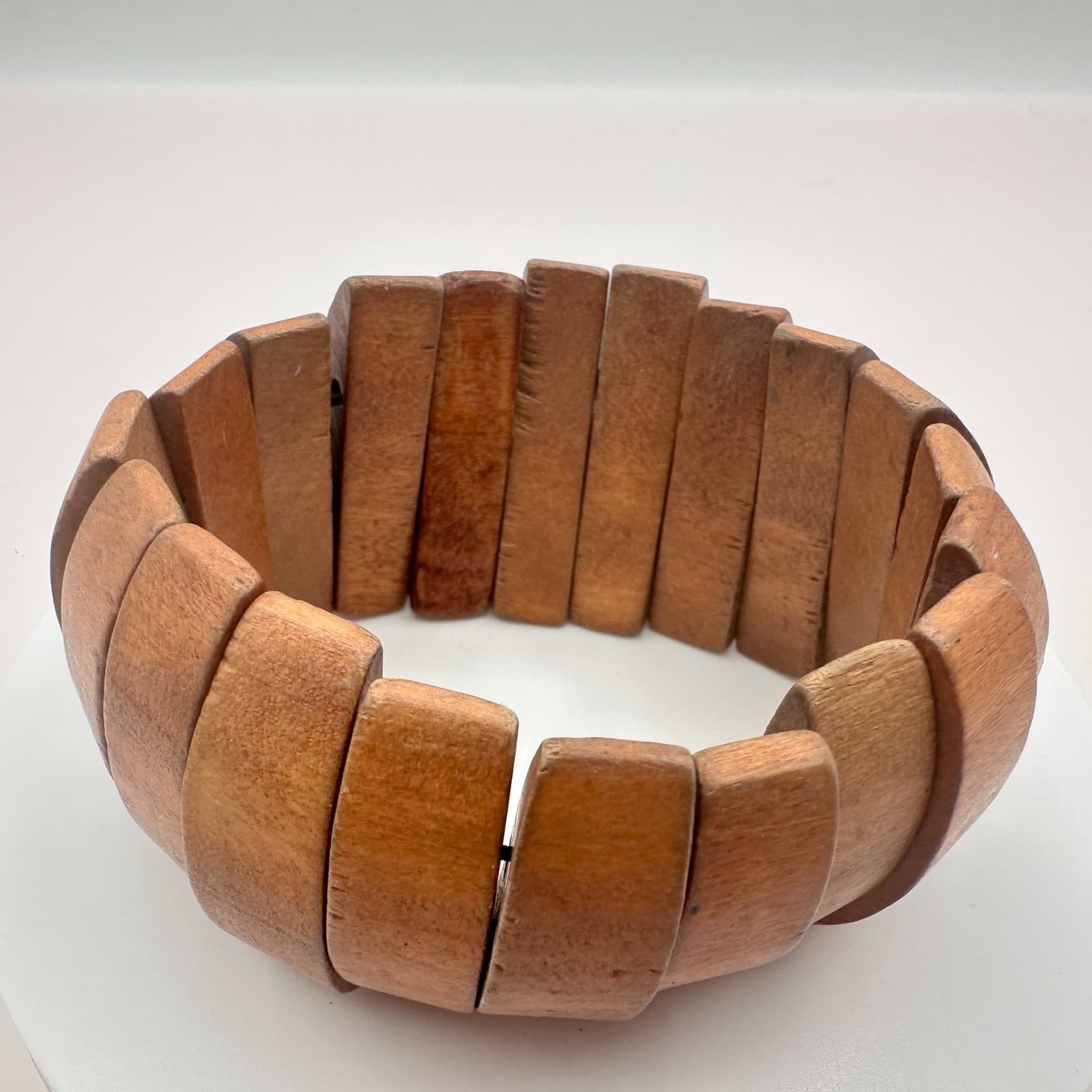 Vintage 80s Wooden Panel Link Bracelet Segmented Chunky Ethnic Cuf Retro Jewelry - Thumbnail 2