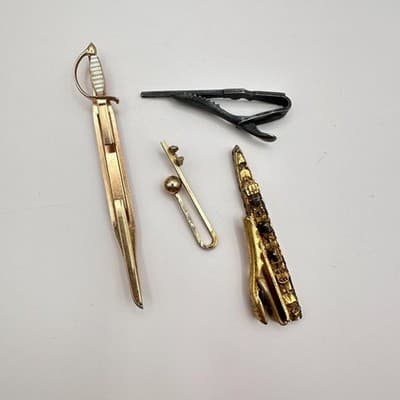 Vintage 90s Men's Tie Clip Bar Clasp Lot Gold Silver Tone Novelty Sword Jewelry - Thumbnail 2
