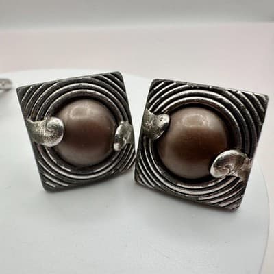 Vintage 90s Swank Brutalist Silver Tone Brown Stone Screw Cufflinks Lot Jewelry - Thumbnail 2