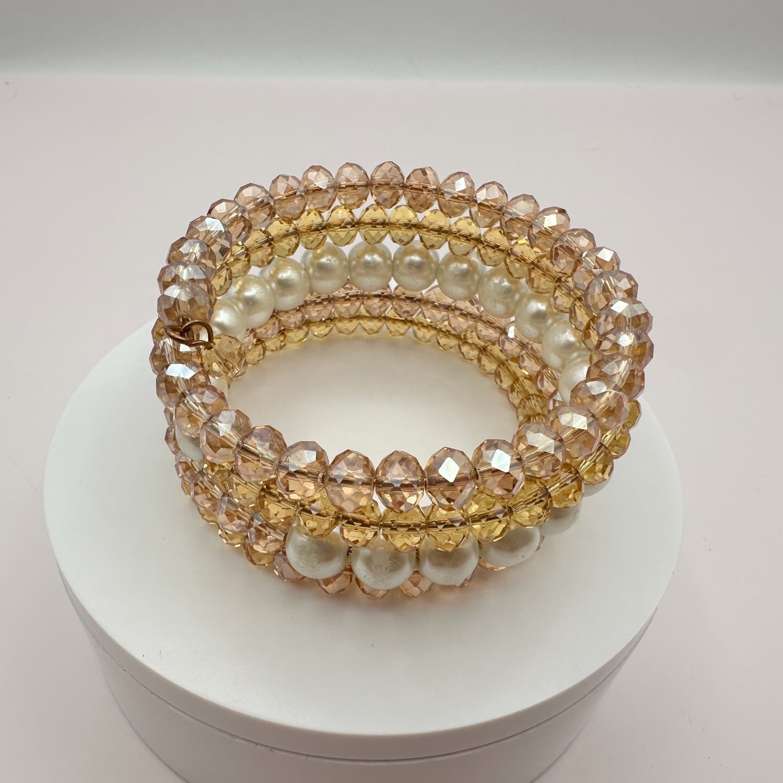 Vintage 90s Champagne Glass Bead & Faux Pearl Multi-Strand Wrap Bracelet Boho - Thumbnail 5