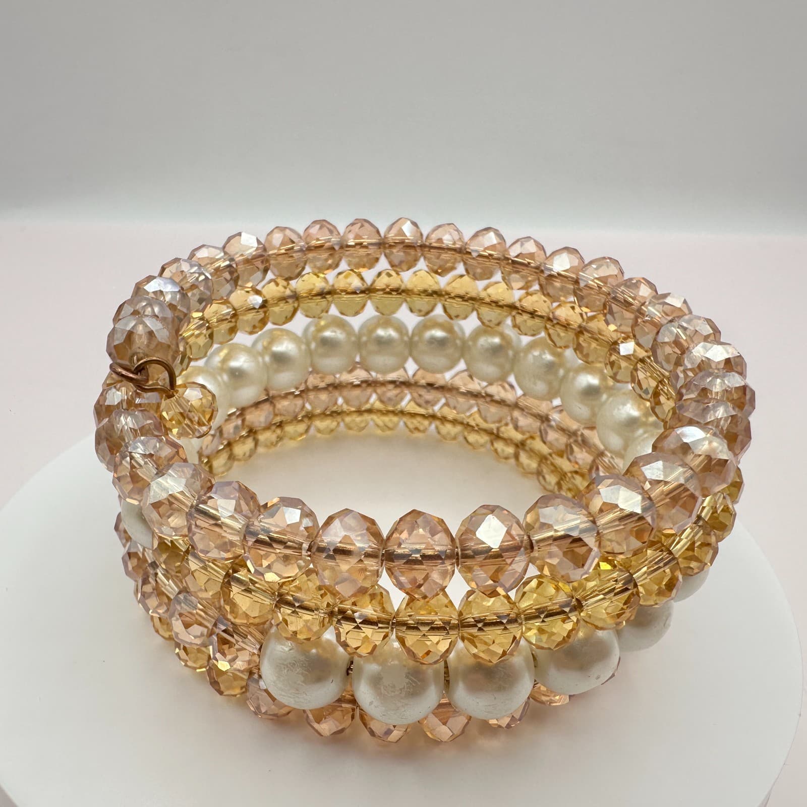 Vintage 90s Champagne Glass Bead & Faux Pearl Multi-Strand Wrap Bracelet Boho - Thumbnail 2