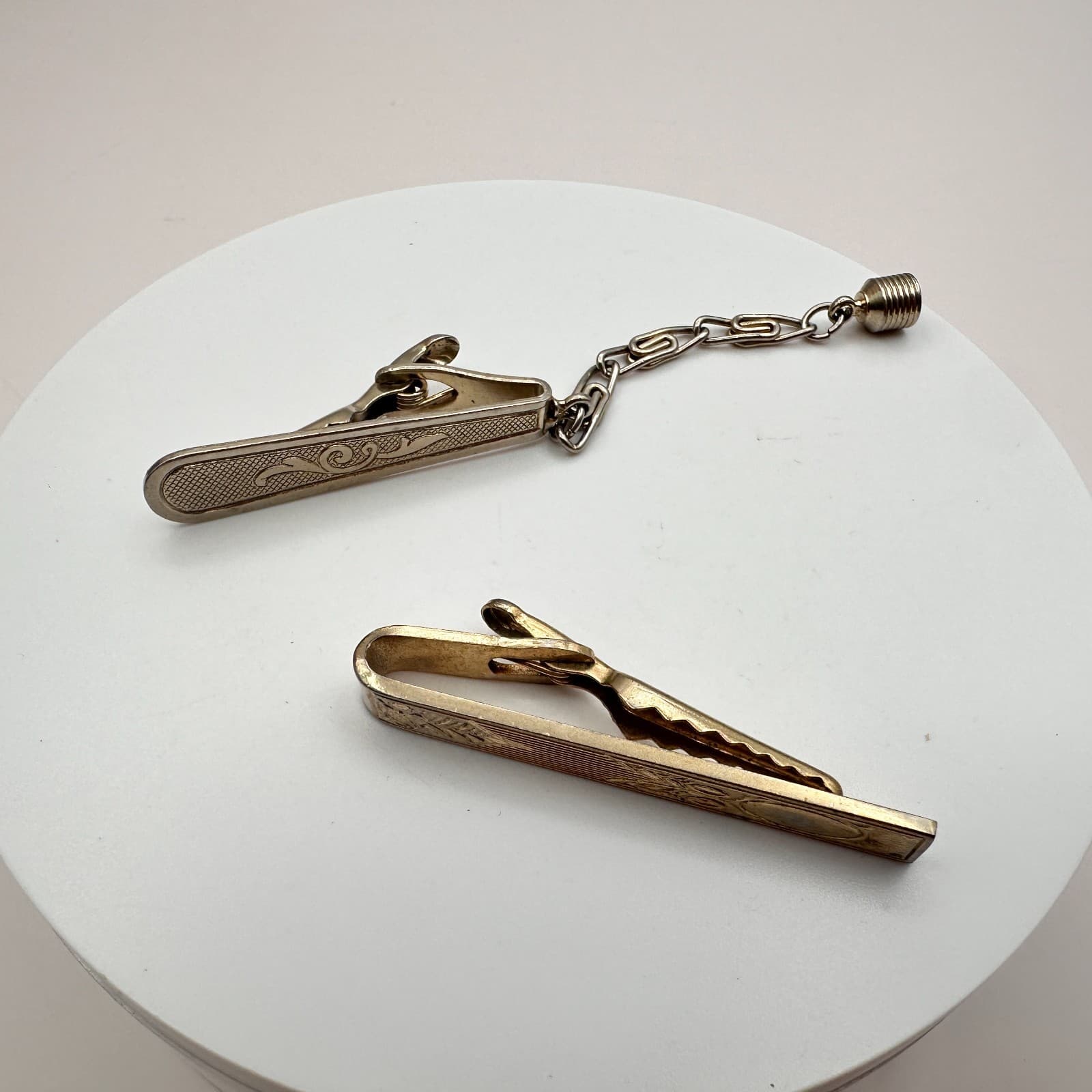 Vintage 80s Gold Silver Tone Etched Floral Tie Clip Bar Clasp Lot Men’s Jewelry - Thumbnail 5