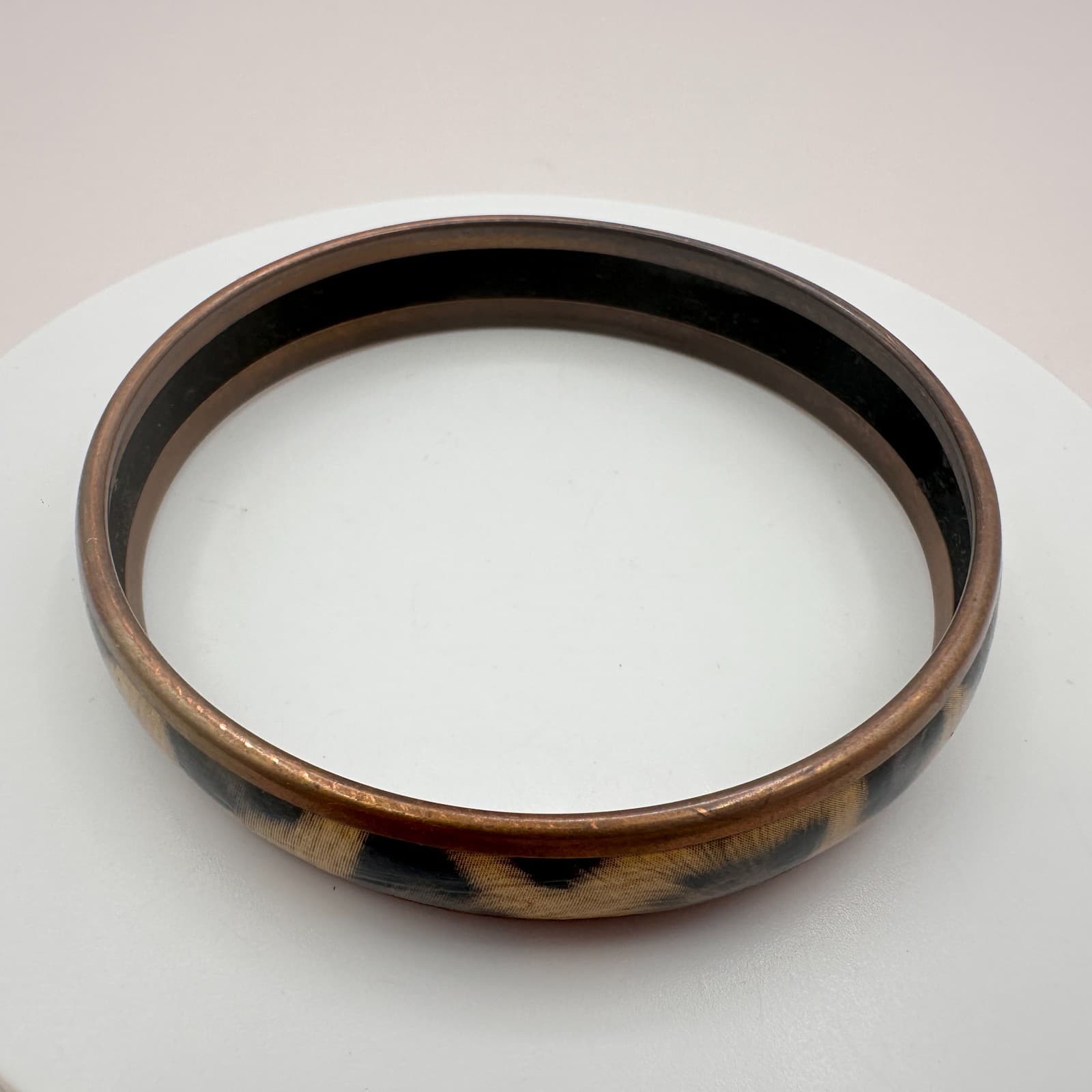 Vintage 90s Leopard Animal Print Brass Bangle Bracelet Cowhide Retro Jewelry - Thumbnail 3