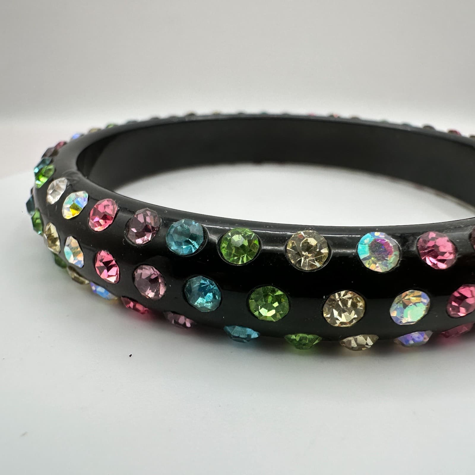 Vintage 80s Black Bangle Bracelet Multicolor Glass Inset Classic Fashion Jewelry - Thumbnail 4