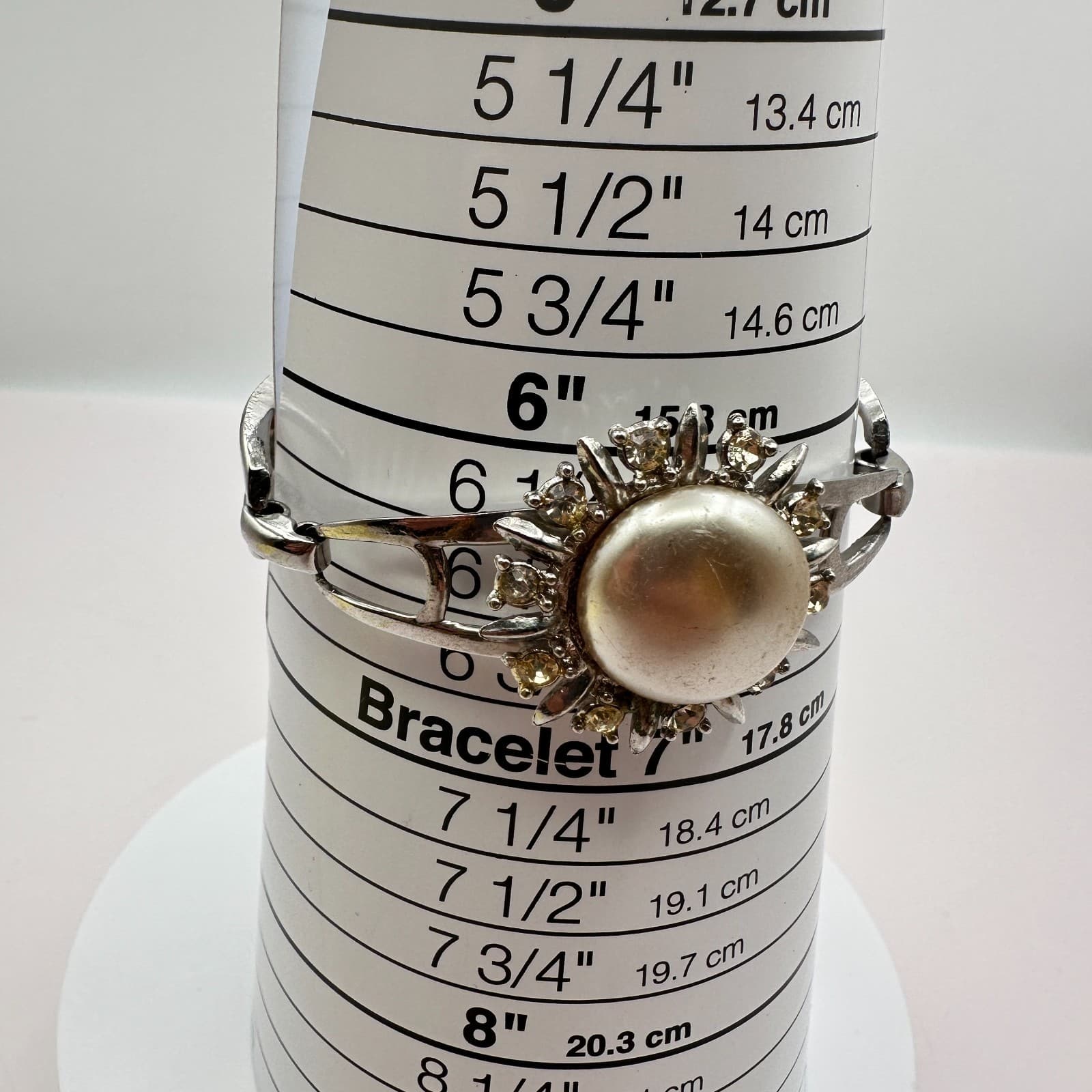 Vintage 80s Silver Tone Faux Pearl Sunburst Bangle Bracelet Rhinestone Jewelry - Thumbnail 7