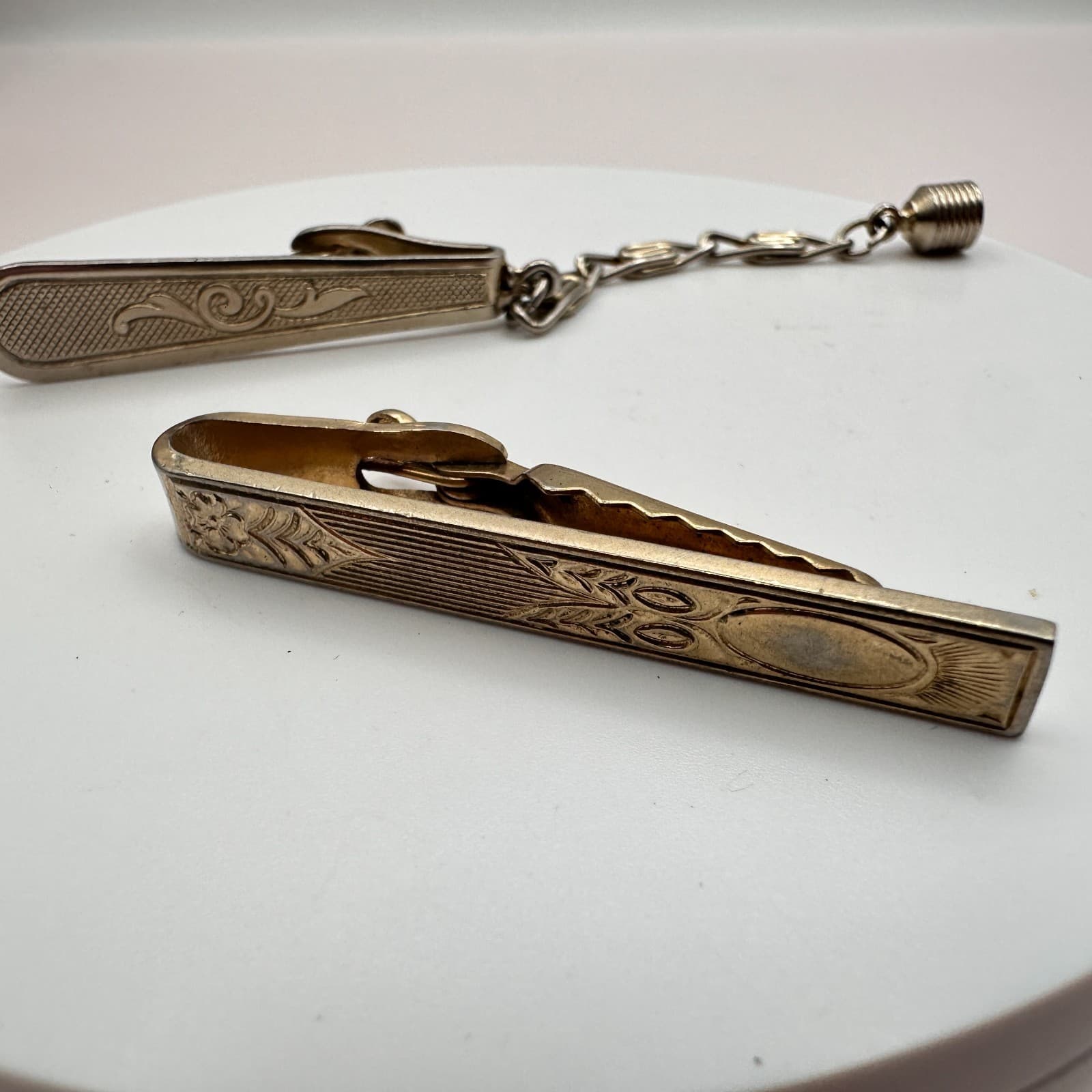 Vintage 80s Gold Silver Tone Etched Floral Tie Clip Bar Clasp Lot Men’s Jewelry - Thumbnail 3