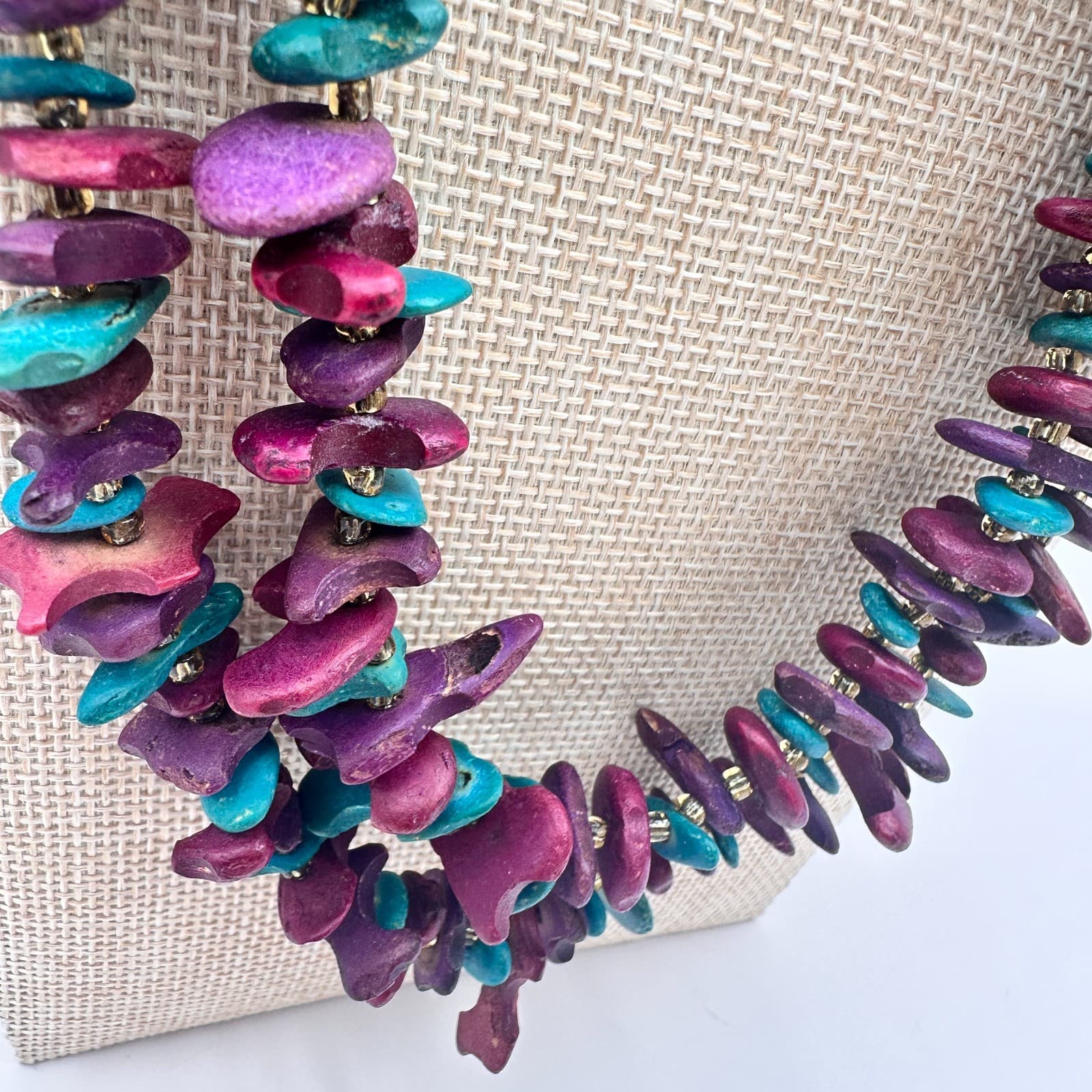 Vintage 90s Chip Bead Gold Tone Spacer Necklace & Hoop Earrings Set Jewelry - Thumbnail 6