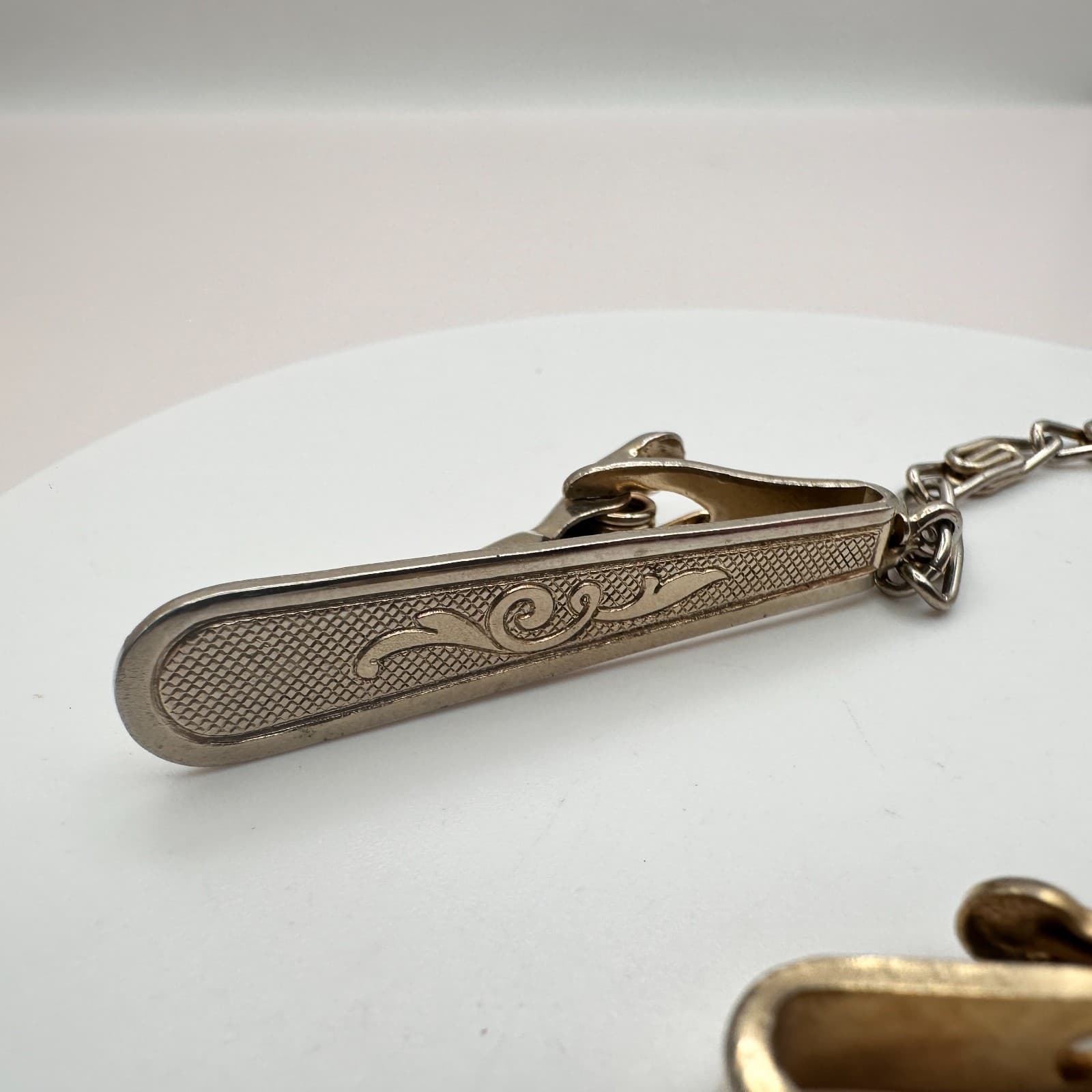 Vintage 80s Gold Silver Tone Etched Floral Tie Clip Bar Clasp Lot Men’s Jewelry - Thumbnail 4