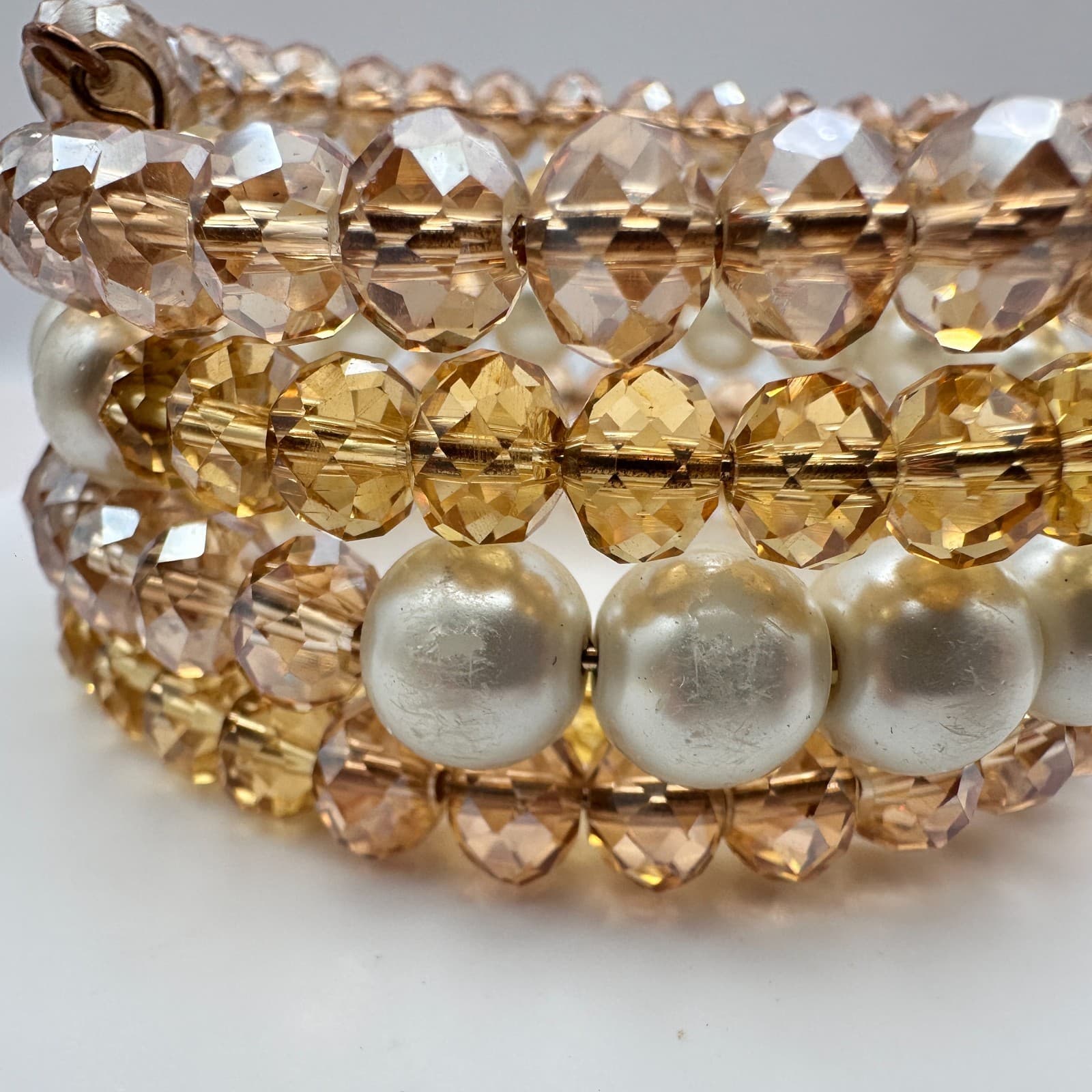 Vintage 90s Champagne Glass Bead & Faux Pearl Multi-Strand Wrap Bracelet Boho - Thumbnail 3