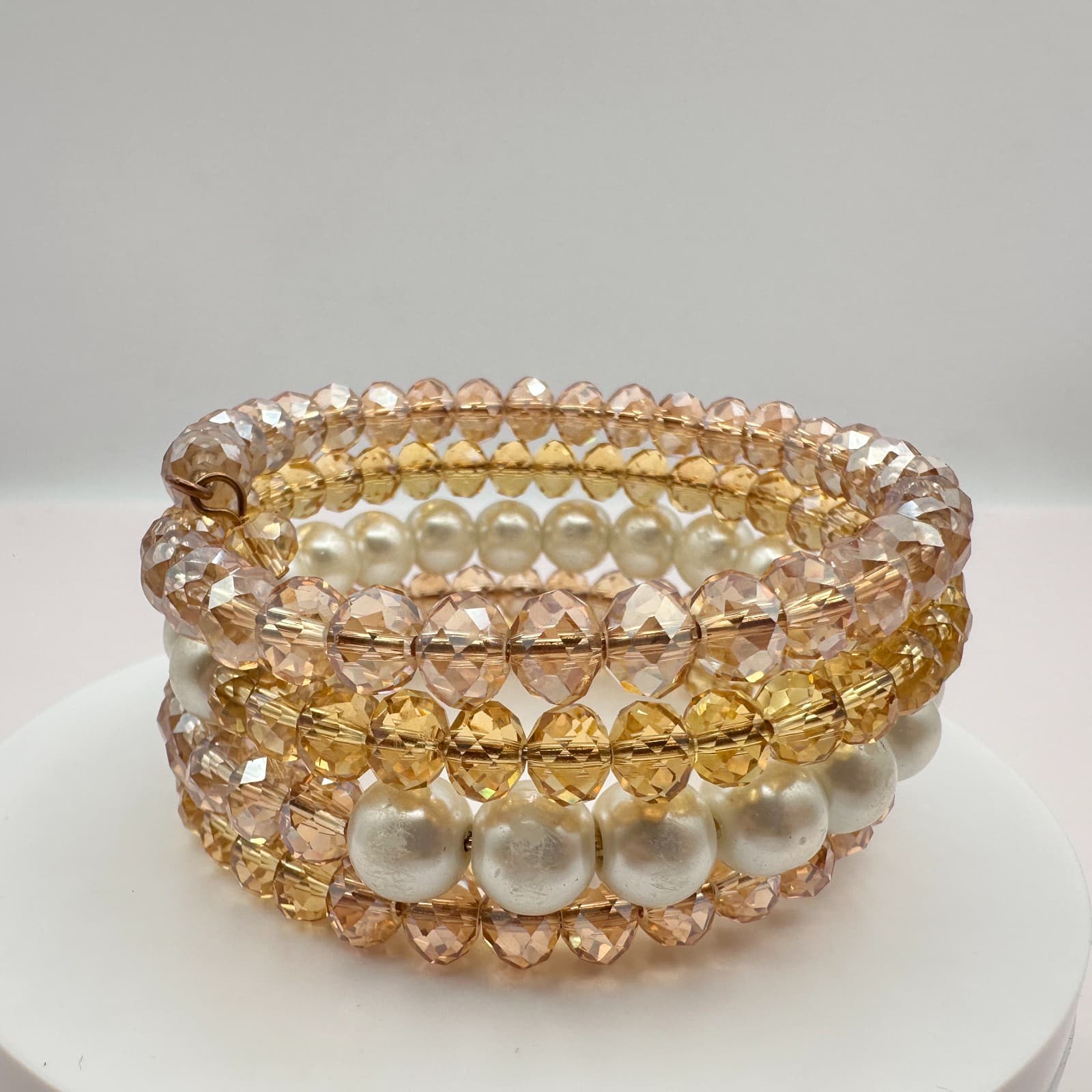 Vintage 90s Champagne Glass Bead & Faux Pearl Multi-Strand Wrap Bracelet Boho - Thumbnail 4