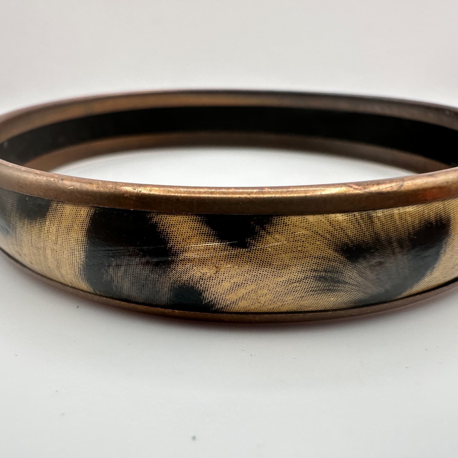 Vintage 90s Leopard Animal Print Brass Bangle Bracelet Cowhide Retro Jewelry - Thumbnail 4