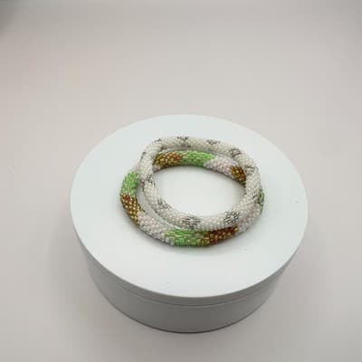 Vintage 90s Glass Seed Bead Crochet Rope Bangle Bracelet Set White Green Boho - Thumbnail 3