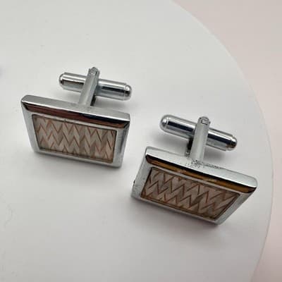 Vintage 60s Mid-Century Silver Tone Cufflink Set Geometric Glass Inlay Jewelry - Thumbnail 7