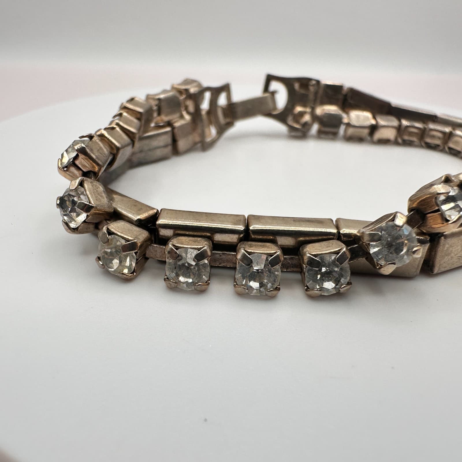 Vintage 90s Silver Tone Clear Rhinestone Double Strand Bracelet Women's Jewelry - Thumbnail 4