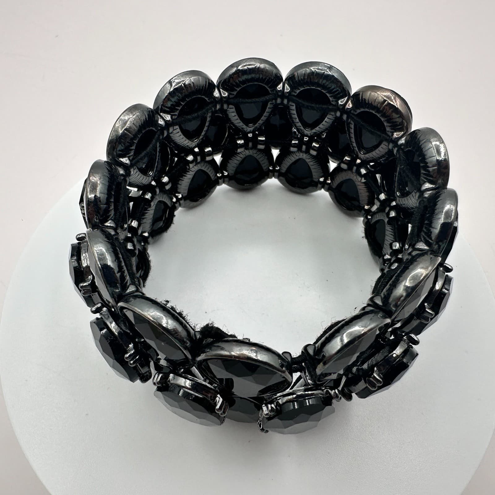 Vintage Y2K Oval & Teardrop Black Rhinestone Wide Cuff Stretch Bracelet Jewelry - Thumbnail 4