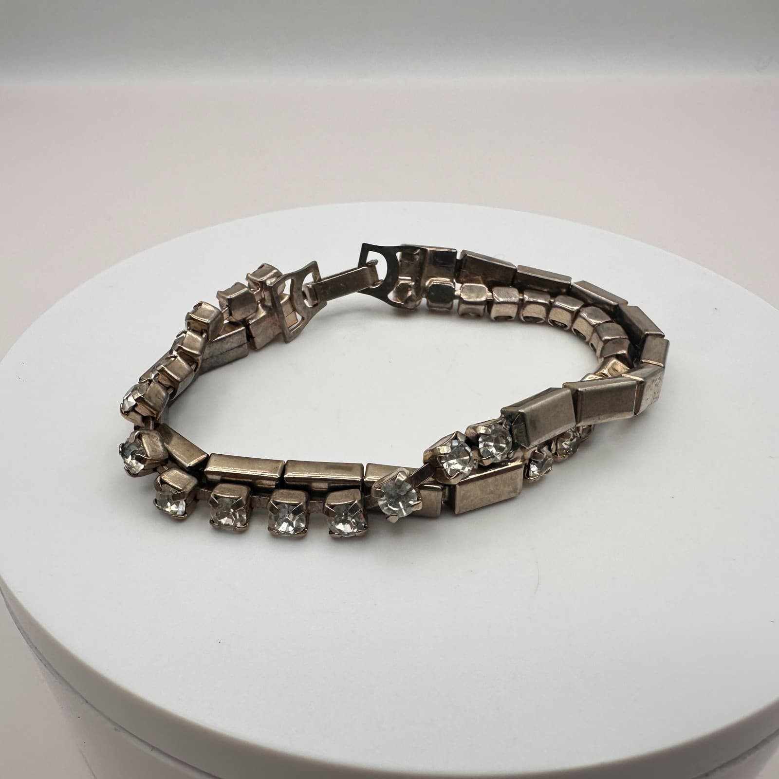 Vintage 90s Silver Tone Clear Rhinestone Double Strand Bracelet Women's Jewelry - Thumbnail 2