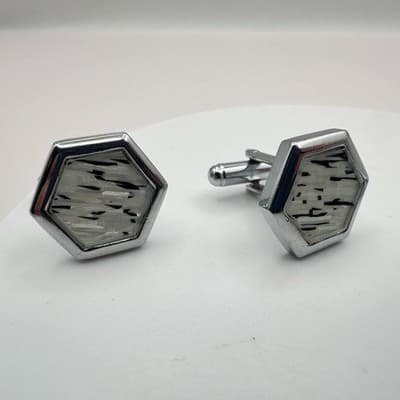 Vintage 60s Mid-Century Silver Tone Cufflink Set Geometric Glass Inlay Jewelry - Thumbnail 4