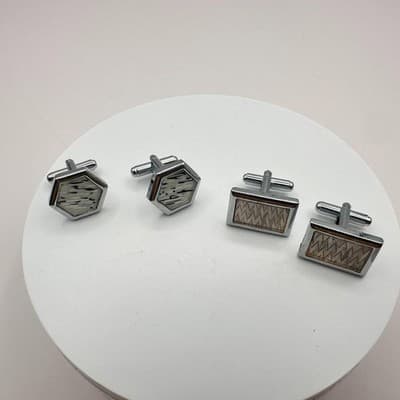 Vintage 60s Mid-Century Silver Tone Cufflink Set Geometric Glass Inlay Jewelry - Thumbnail 2