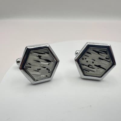 Vintage 60s Mid-Century Silver Tone Cufflink Set Geometric Glass Inlay Jewelry - Thumbnail 5