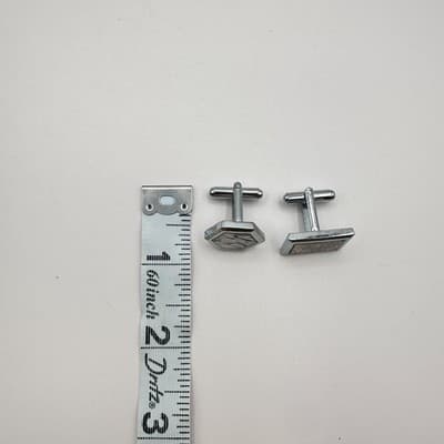 Vintage 60s Mid-Century Silver Tone Cufflink Set Geometric Glass Inlay Jewelry - Thumbnail 9