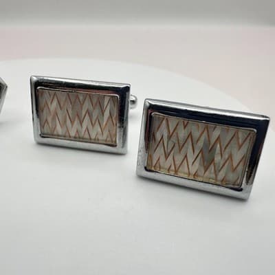 Vintage 60s Mid-Century Silver Tone Cufflink Set Geometric Glass Inlay Jewelry - Thumbnail 3