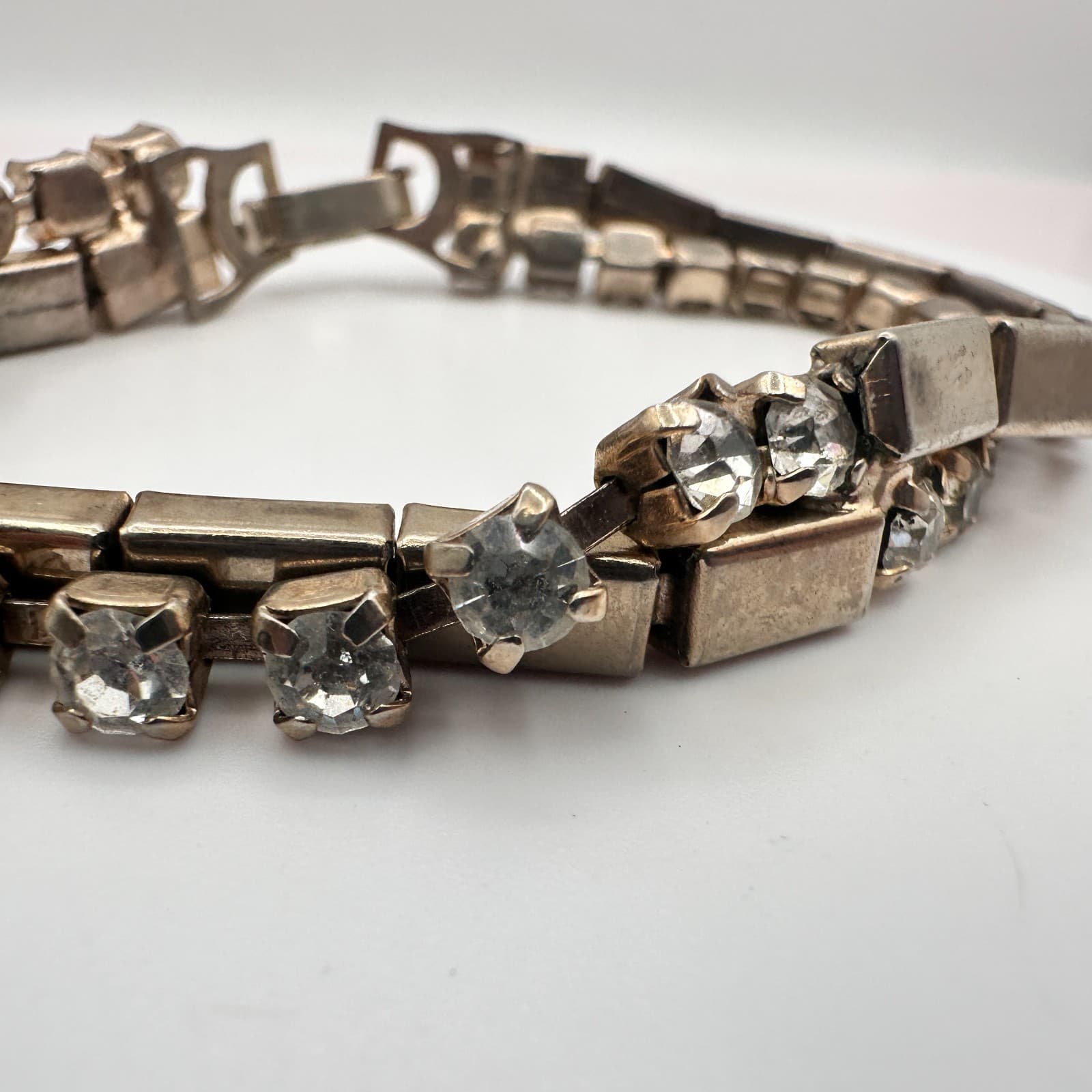 Vintage 90s Silver Tone Clear Rhinestone Double Strand Bracelet Women's Jewelry - Thumbnail 5