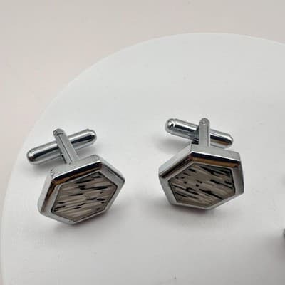 Vintage 60s Mid-Century Silver Tone Cufflink Set Geometric Glass Inlay Jewelry - Thumbnail 6