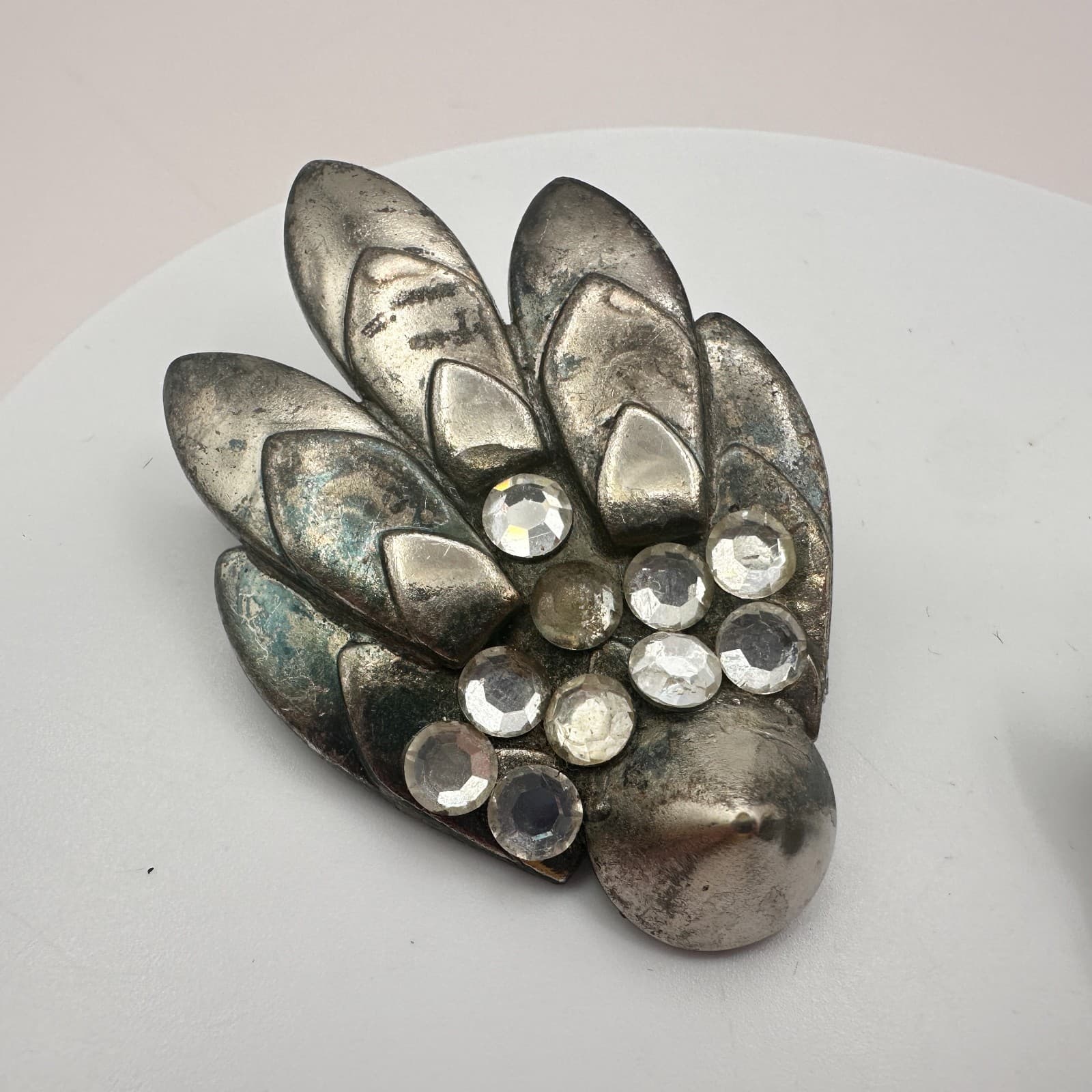 Vintage 80s Silver Tone Clear Glass Earrings Floral Leaf Boho Fashion Jewelry - Thumbnail 5