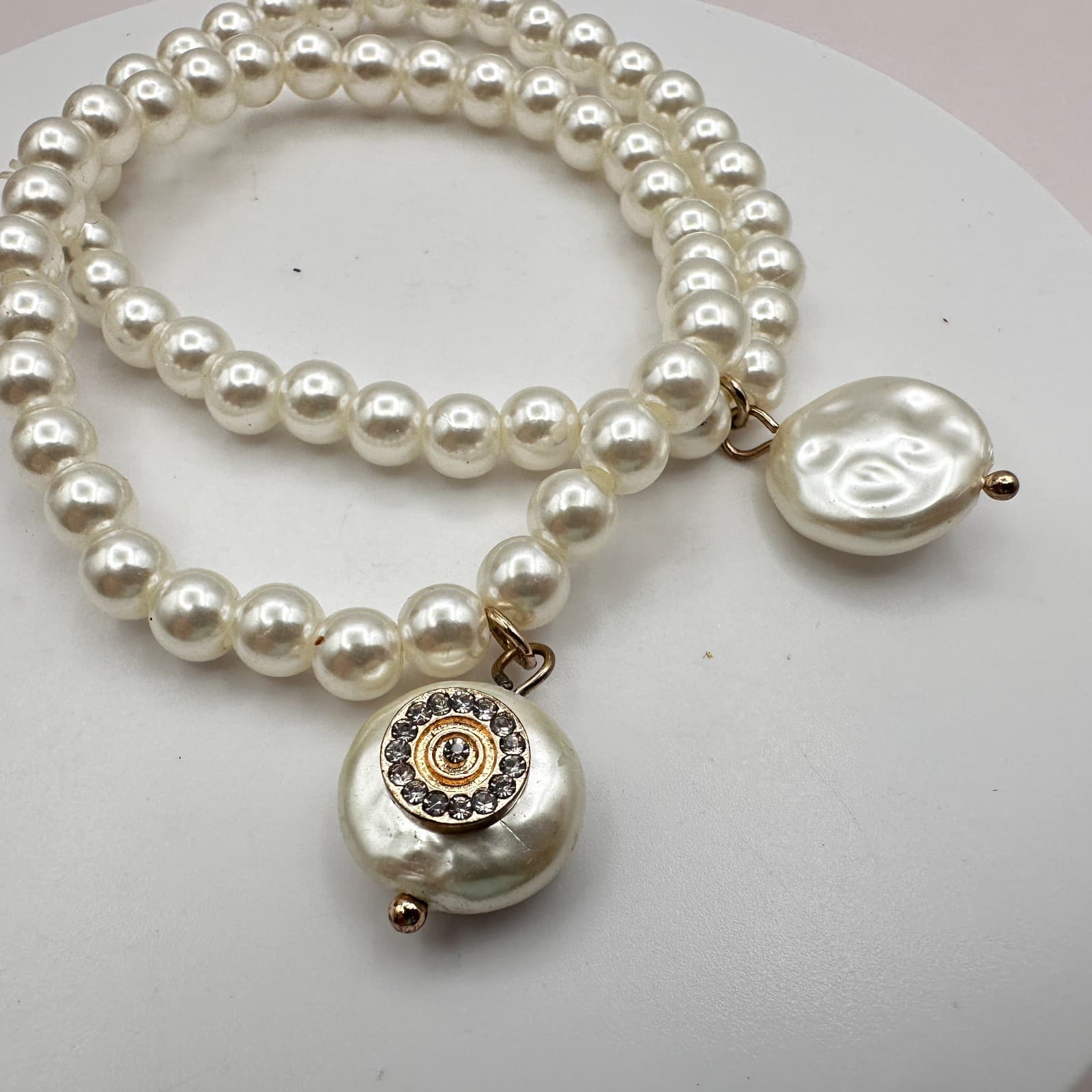 Vintage 90s Faux Pearl Bracelets Set Clear Glass Charm Stretch Fashion Jewelry - Thumbnail 4