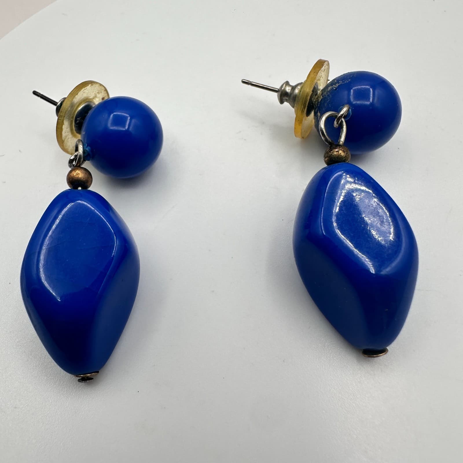 Vintage 80s Blue Resin Bead Necklace & Dangle Earrings Set Boho Fashion Jewelry - Thumbnail 9