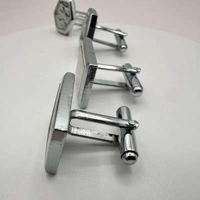 Vintage 60s Mid-Century Silver Tone Cufflink Set Geometric Glass Inlay Jewelry - Thumbnail 8